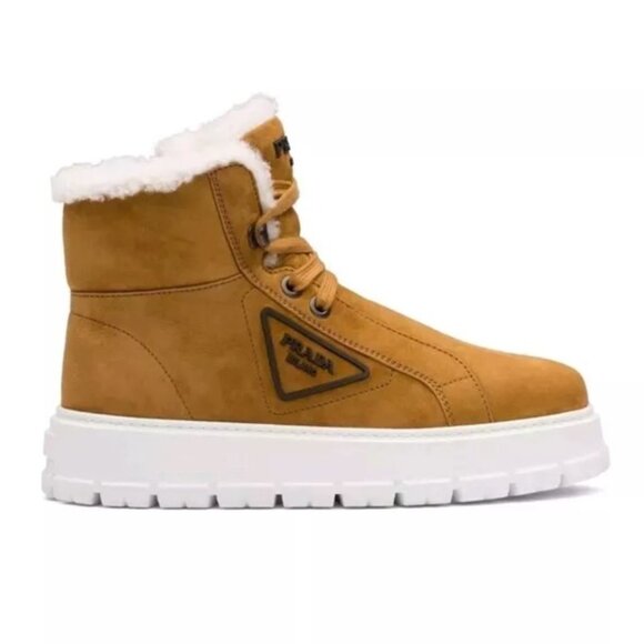 Prada Suede Shearling Ankle Boots Fur Size 37 Brown BNIB $1,350 Retail - Picture 1 of 10